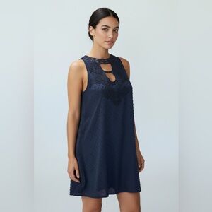 Navy Blue Halter Midi lace keyhole shift A line dress